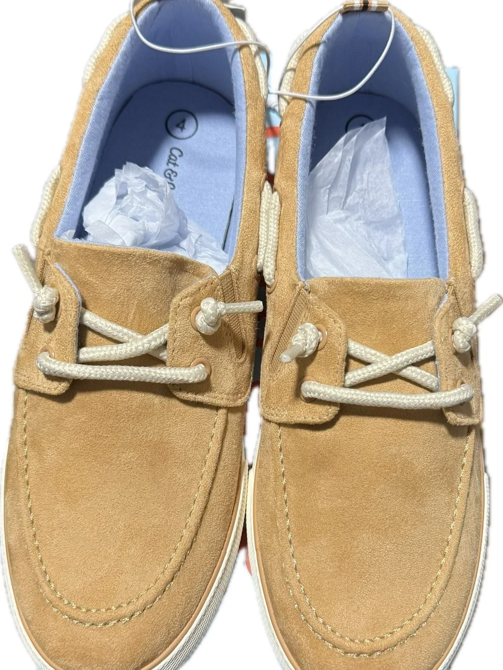 Boys Tan Suede Boat Shoes with White Laces